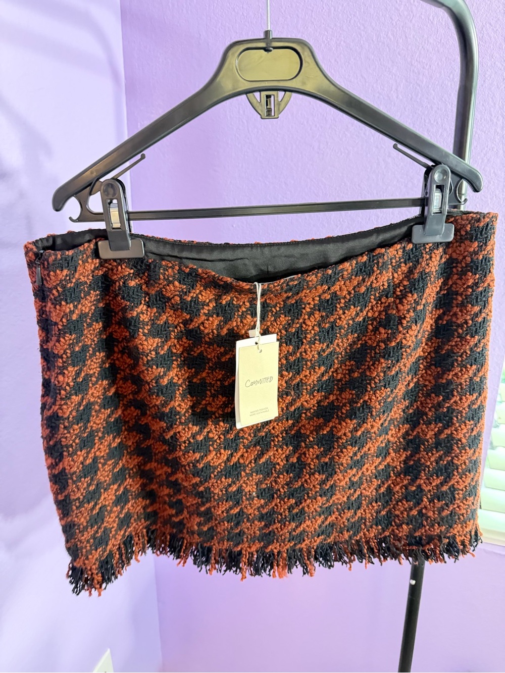 Mango Rust and Black Houndstooth Tweed Mini Skirt size L